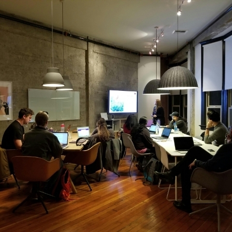 Group of individuals working on laptops at tables